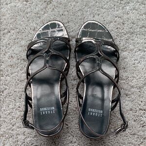 Stuart Weitzman pewter Metallic Croco Leather Strappy Sandals